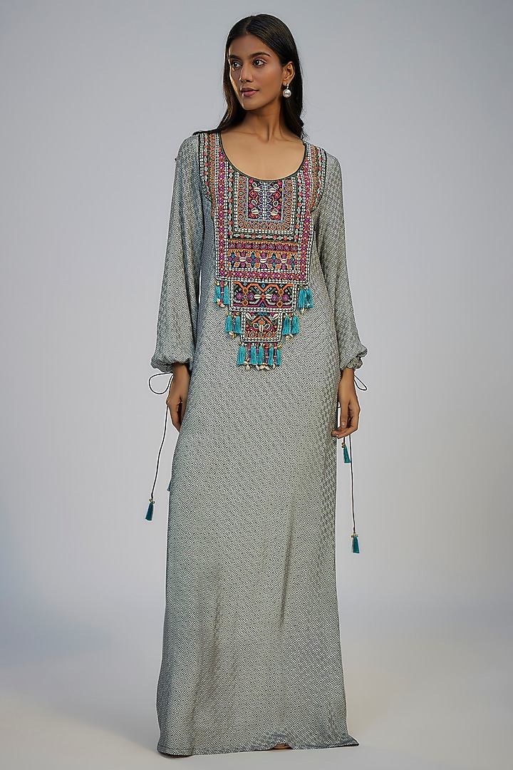 Black Crepe Printed & Mirror Embroidered Kaftan Vacation Dress by Nadima Saqib at Pernia's Pop Up Shop