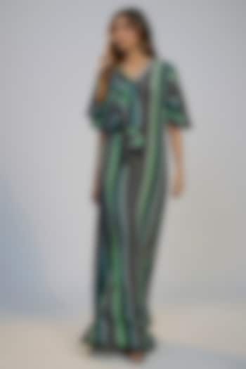 Black Crepe Striped Printed & Sequins Embroidered Kaftan Summer Dress by Nadima Saqib at Pernia's Pop Up Shop