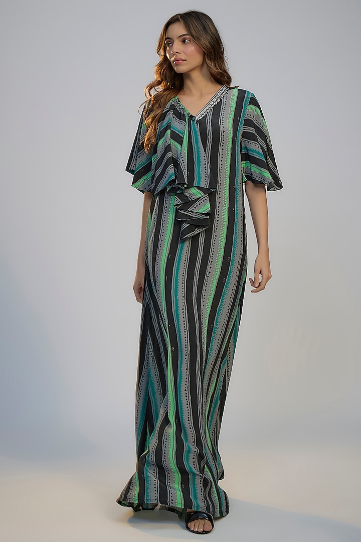 Black Crepe Striped Printed & Sequins Embroidered Kaftan Summer Dress by Nadima Saqib at Pernia's Pop Up Shop