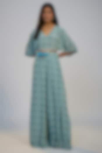 Light Blue Crepe Printed & Sequins Embroidered Jumpsuit by Nadima Saqib at Pernia's Pop Up Shop