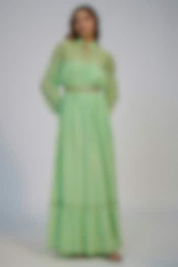 Green Cotton Crush Dori Embroidered Cocktail Dress by Nadima Saqib at Pernia's Pop Up Shop