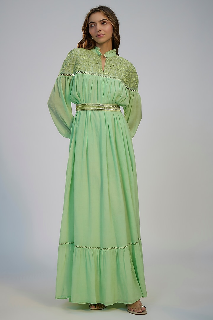 Green Cotton Crush Dori Embroidered Cocktail Dress by Nadima Saqib at Pernia's Pop Up Shop