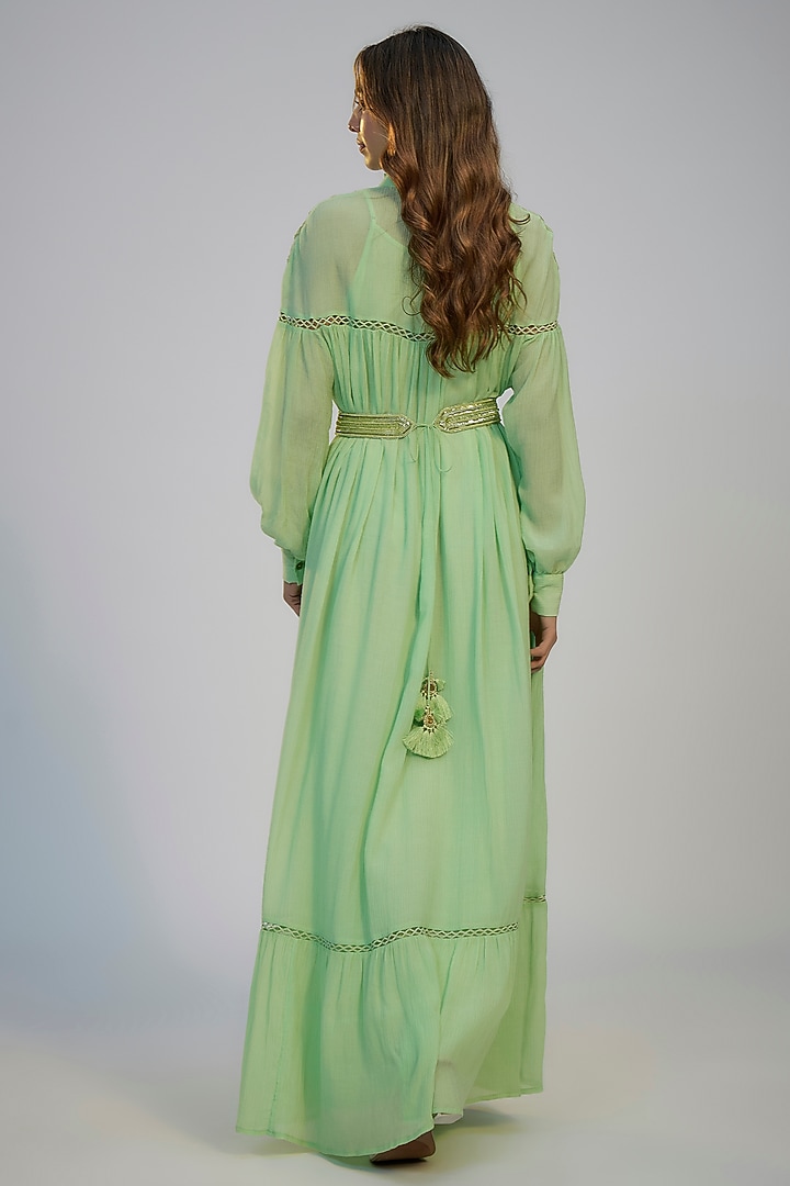 Green Cotton Crush Dori Embroidered Cocktail Dress by Nadima Saqib at Pernia's Pop Up Shop