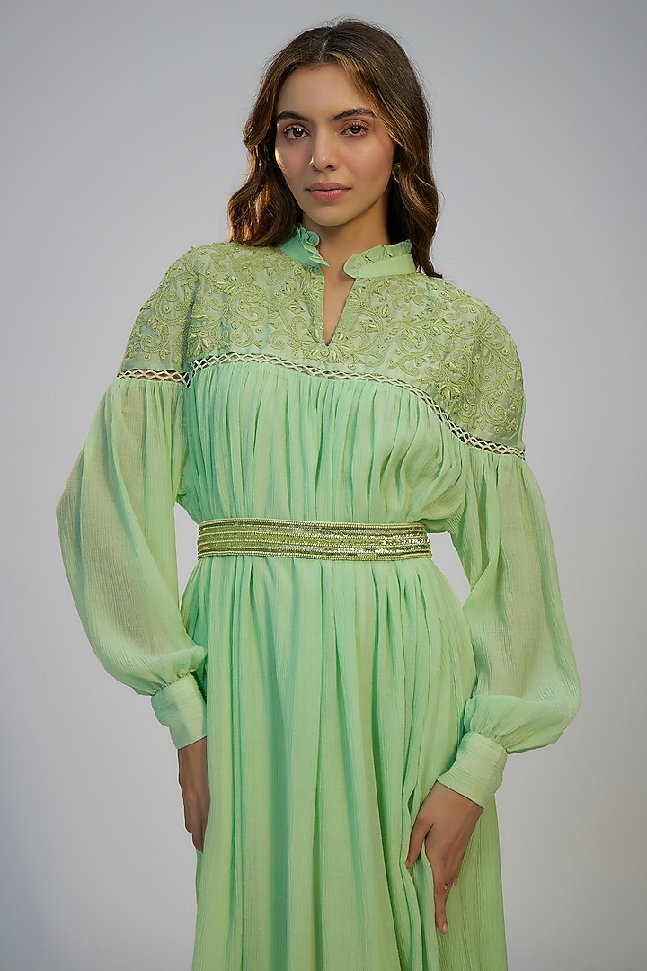 Green Cotton Crush Dori Embroidered Cocktail Dress by Nadima Saqib at Pernia's Pop Up Shop
