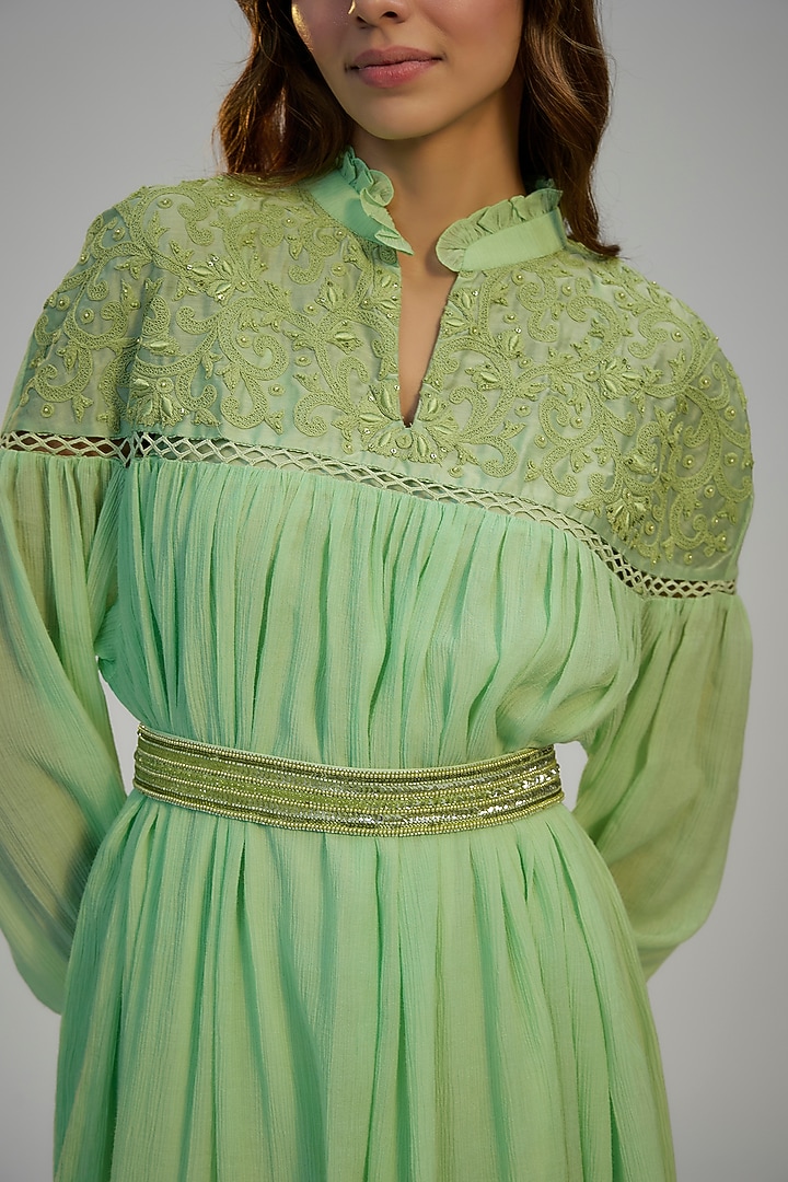 Green Cotton Crush Dori Embroidered Cocktail Dress by Nadima Saqib at Pernia's Pop Up Shop