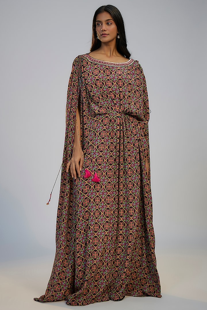 Multi-Colored Crepe Printed & Sequins Embroidered Kaftan by Nadima Saqib at Pernia's Pop Up Shop