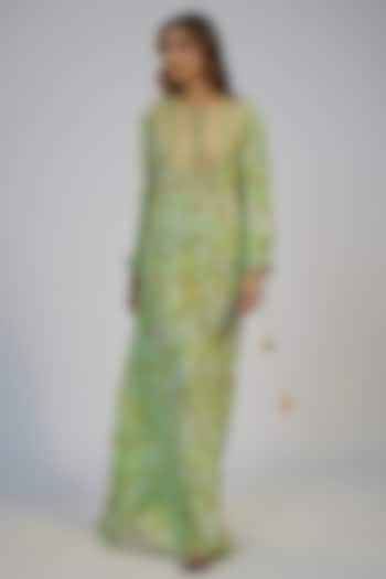 Lime Green Crepe Printed & Mirror Embroidered Kaftan Vacation Dress by Nadima Saqib at Pernia's Pop Up Shop