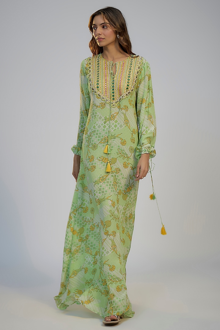 Lime Green Crepe Printed & Mirror Embroidered Kaftan Vacation Dress by Nadima Saqib at Pernia's Pop Up Shop