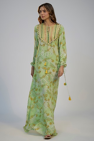 Lime Green Crepe Printed & Mirror Embroidered Kaftan Dress by Nadima Saqib
