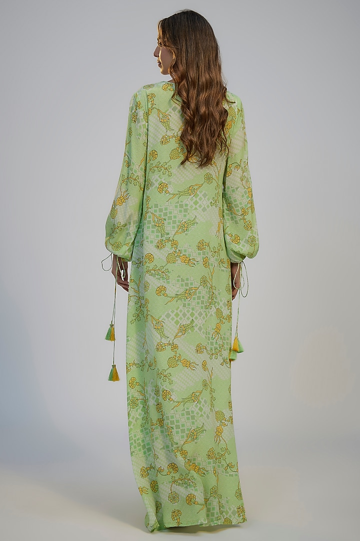 Lime Green Crepe Printed & Mirror Embroidered Kaftan Vacation Dress by Nadima Saqib at Pernia's Pop Up Shop