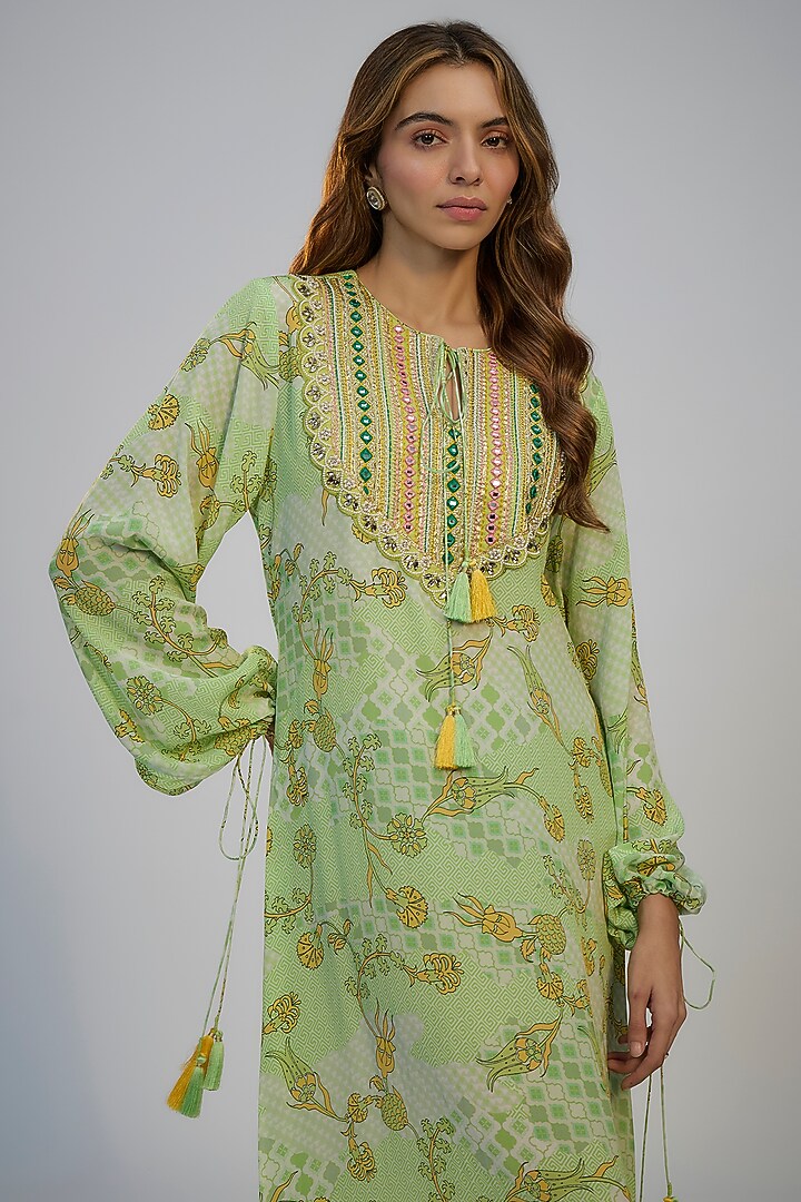 Lime Green Crepe Printed & Mirror Embroidered Kaftan Vacation Dress by Nadima Saqib at Pernia's Pop Up Shop