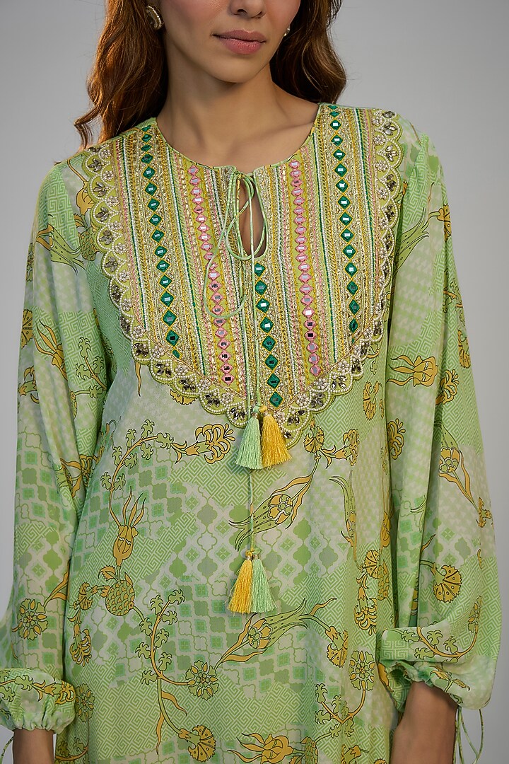 Lime Green Crepe Printed & Mirror Embroidered Kaftan Vacation Dress by Nadima Saqib at Pernia's Pop Up Shop