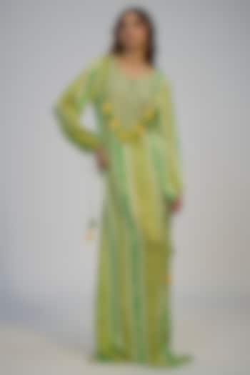 Lime Green Crepe Printed & Mirror Embroidered Kaftan Vacation Dress by Nadima Saqib at Pernia's Pop Up Shop