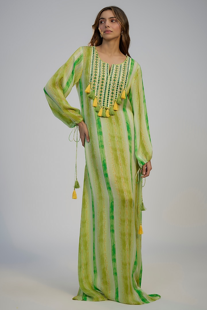 Lime Green Crepe Printed & Mirror Embroidered Kaftan Vacation Dress by Nadima Saqib at Pernia's Pop Up Shop