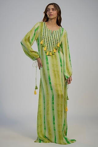 Lime Green Crepe Printed & Mirror Embroidered Kaftan Dress by Nadima Saqib