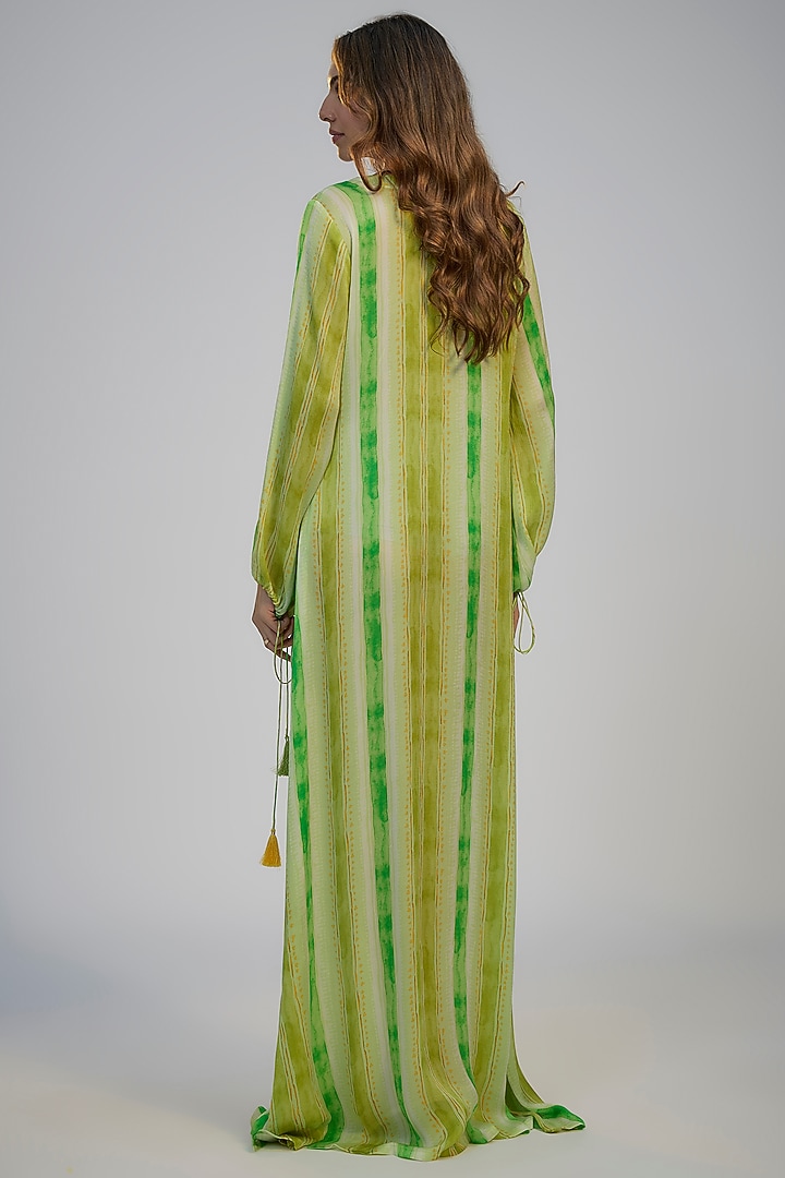 Lime Green Crepe Printed & Mirror Embroidered Kaftan Vacation Dress by Nadima Saqib at Pernia's Pop Up Shop