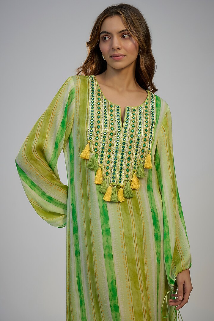 Lime Green Crepe Printed & Mirror Embroidered Kaftan Vacation Dress by Nadima Saqib at Pernia's Pop Up Shop