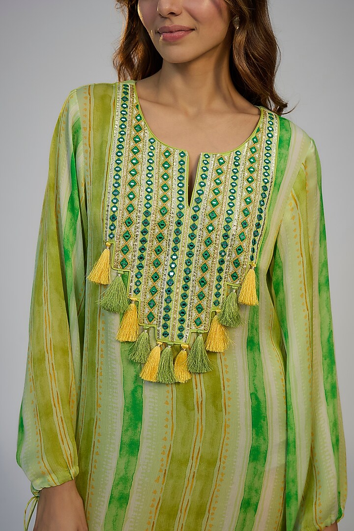 Lime Green Crepe Printed & Mirror Embroidered Kaftan Vacation Dress by Nadima Saqib at Pernia's Pop Up Shop