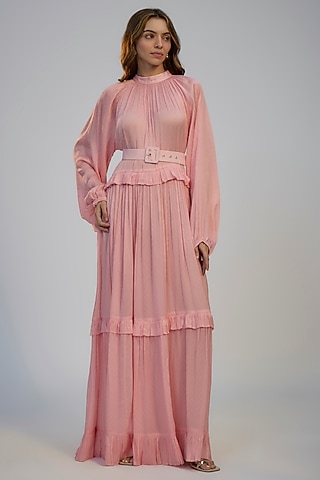 Pastel Pink Cotton Crush Printed Kaftan Dress by Nadima Saqib