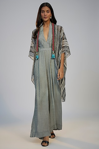 Black Cotton Crush Printed Jumpsuit With Cape by Nadima Saqib