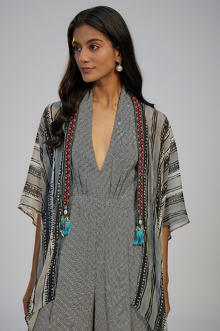 Black Cotton Crush Printed Jumpsuit With Cape by Nadima Saqib at Pernia's Pop Up Shop