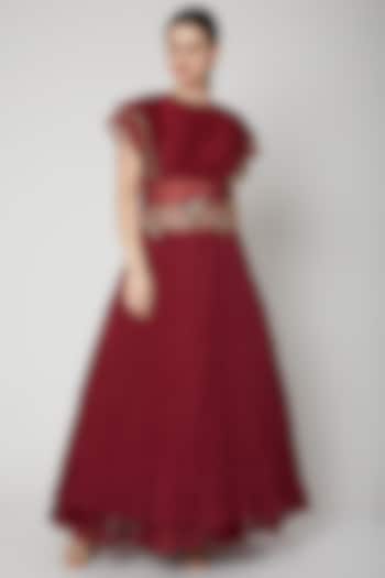 Red Zardosi Embroidered Gown by Nadima Saqib