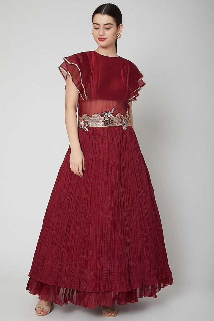 Red Zardosi Embroidered Gown by Nadima Saqib