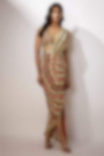 Beige Crepe Digital Printed Pre-Draped Saree Set by Nadima Saqib at Pernia's Pop Up Shop