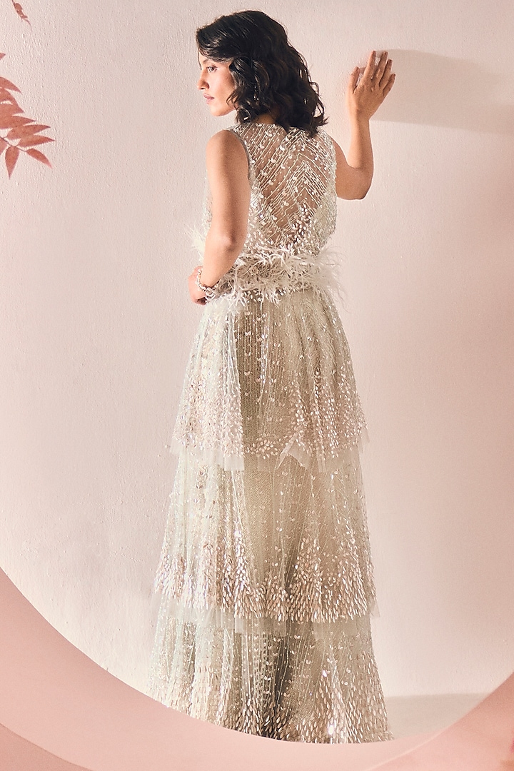 Mint & Olive Green Hand Embroidered Party Wear Dress by Not So Serious By Pallavi Mohan at Pernia's Pop Up Shop