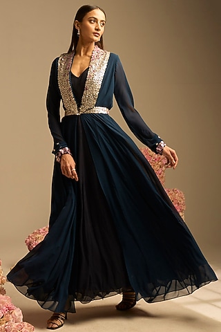 Teal Blue Hand Embroidered Jacket Dress by Not So Serious By Pallavi Mohan