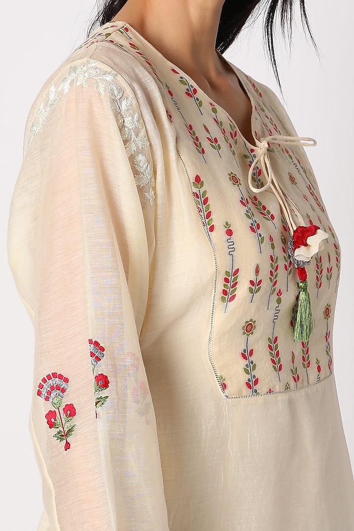 Eggnog Hand Embroidered Hand Woven Vacation Dress by Neeta Bhargava at Pernia's Pop Up Shop