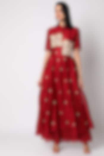 Dark Red Hand Embroidered Skirt Set by Neeta Bhargava