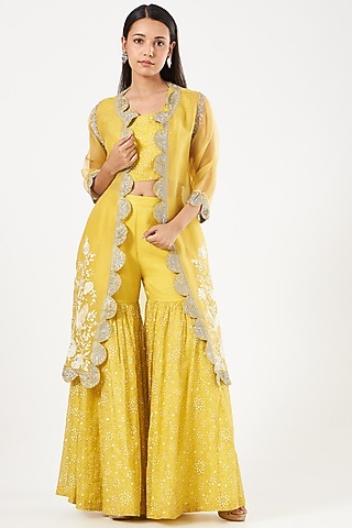 Dandelion Yellow Hand Embroidered Jacket Set by NEETA BHARGAVA