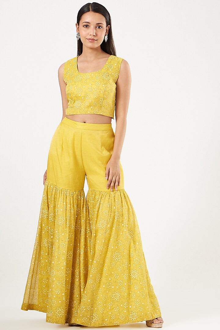 Dandelion Yellow Hand Embroidered Jacket Set by NEETA BHARGAVA at Pernia's Pop Up Shop
