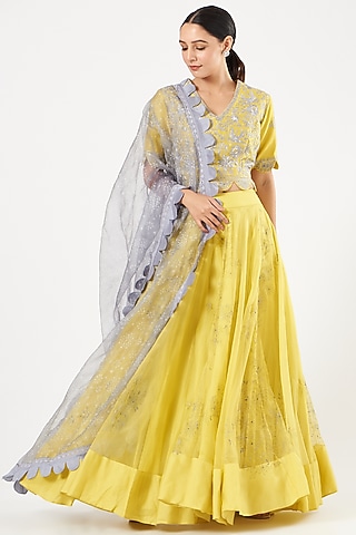 Dandelion Yellow Hand-Painted Lehenga Set by NEETA BHARGAVA
