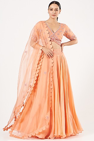 Peach Chiffon Lehenga Set by NEETA BHARGAVA