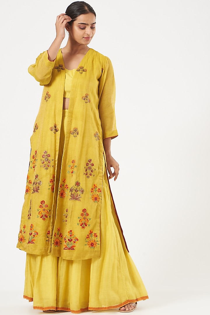 Dandelion Yellow Hand Embroidered Jacket Set by NEETA BHARGAVA