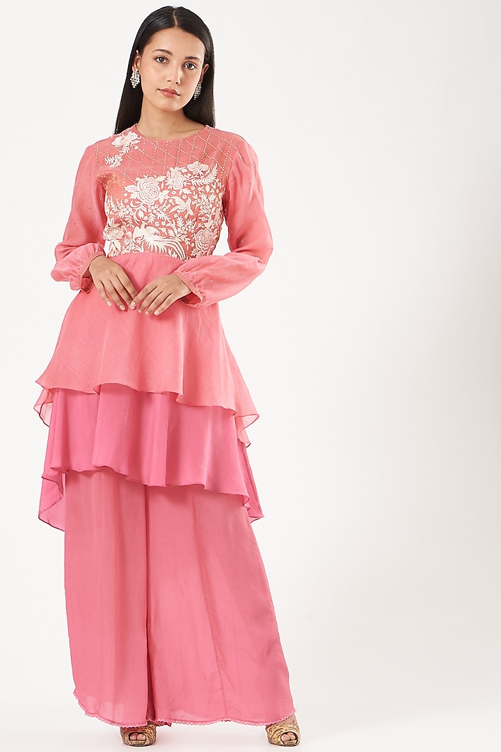 Pink Tissue Chiffon Crepe Sharara Set by Neeta Bhargava at Pernia's Pop Up Shop