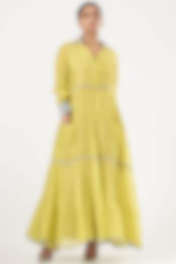 Yellow-Green Embroidered Maxi Dress by NEETA BHARGAVA