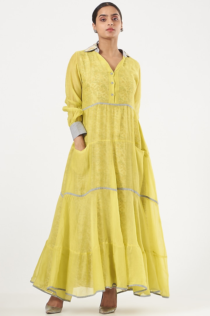 Yellow-Green Embroidered Maxi Dress by NEETA BHARGAVA at Pernia's Pop Up Shop