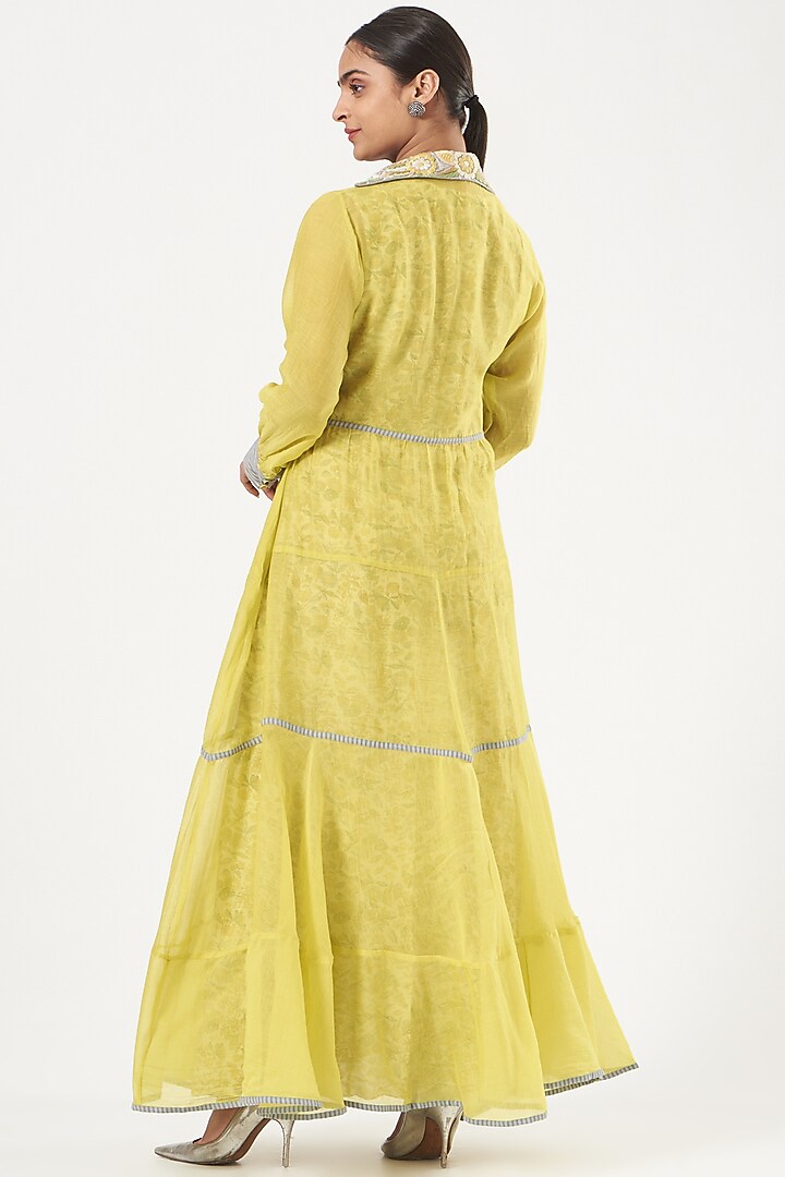 Yellow-Green Embroidered Maxi Vacation Dress by NEETA BHARGAVA at Pernia's Pop Up Shop