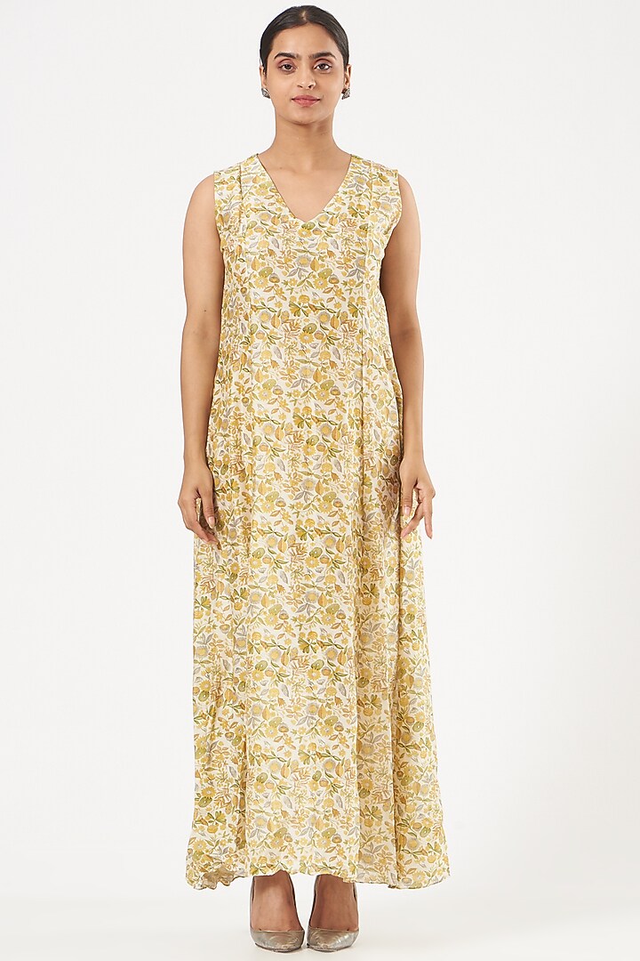 Yellow-Green Embroidered Maxi Vacation Dress by NEETA BHARGAVA at Pernia's Pop Up Shop