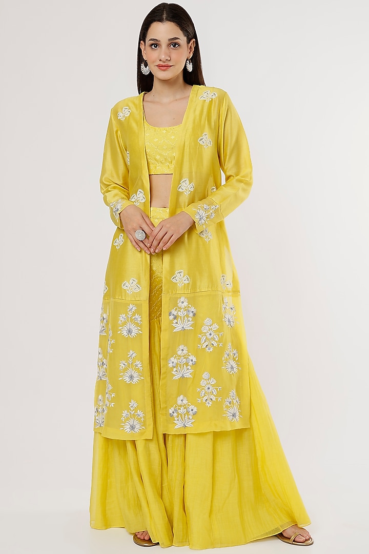 Pineapple Yellow Embroidered Jacket Set by NEETA BHARGAVA at Pernia's Pop Up Shop