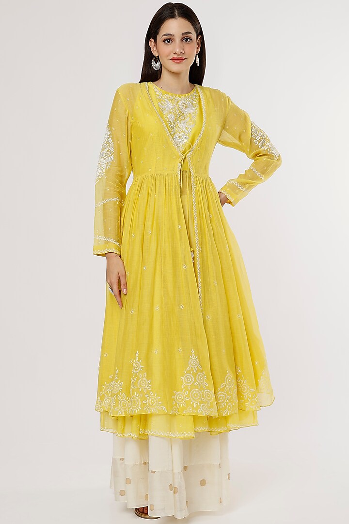 Yellow Embroidered Jacket Set by NEETA BHARGAVA