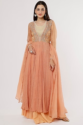 Peach Printed Anarkali Set by NEETA BHARGAVA