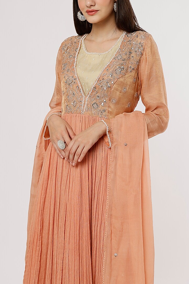 Peach Printed Wedding Anarkali Set by NEETA BHARGAVA at Pernia's Pop Up Shop