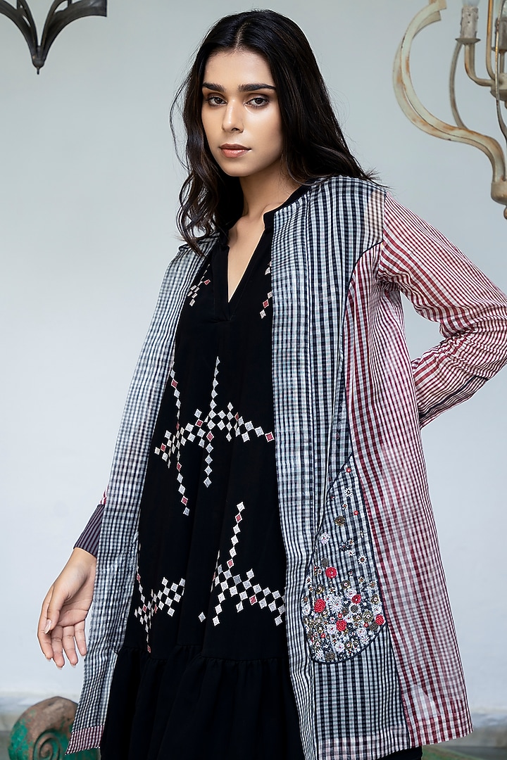 Black Georgette Vacation Dress With Jacket by NEETA BHARGAVA at Pernia's Pop Up Shop