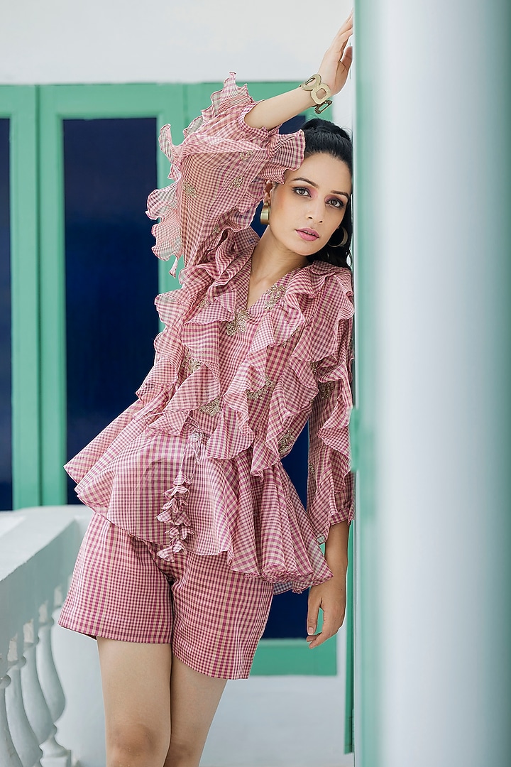 Vermillion Red Embroidered Co-Ord Set by NEETA BHARGAVA at Pernia's Pop Up Shop