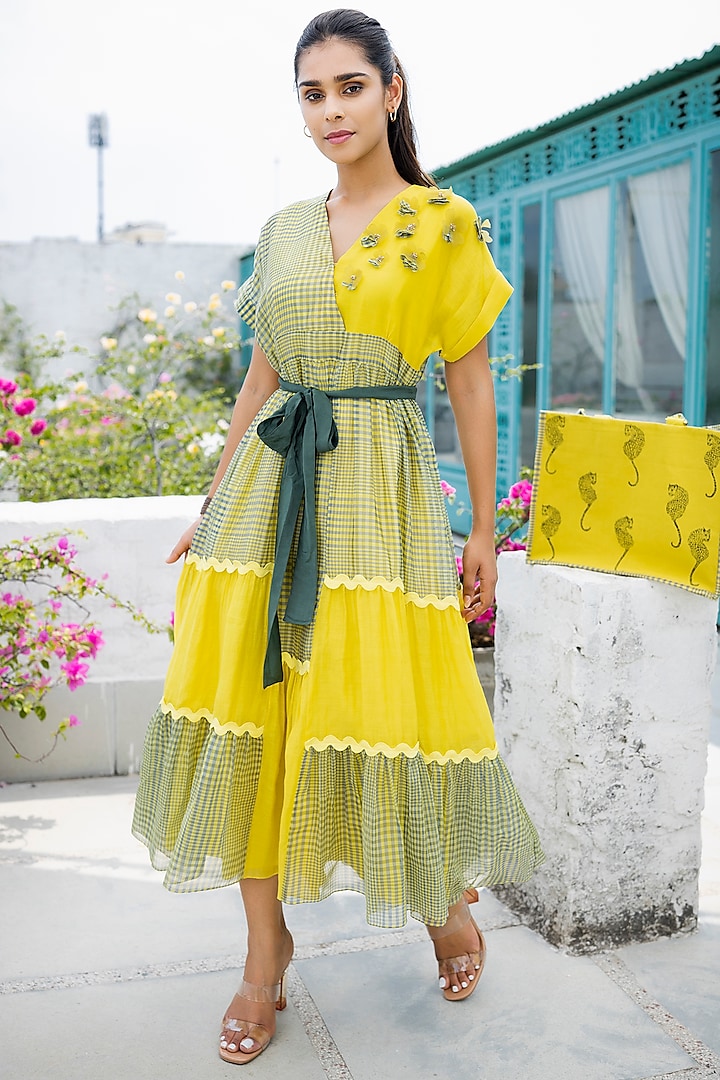 Green & Lime Yellow Embellished Dress by NEETA BHARGAVA