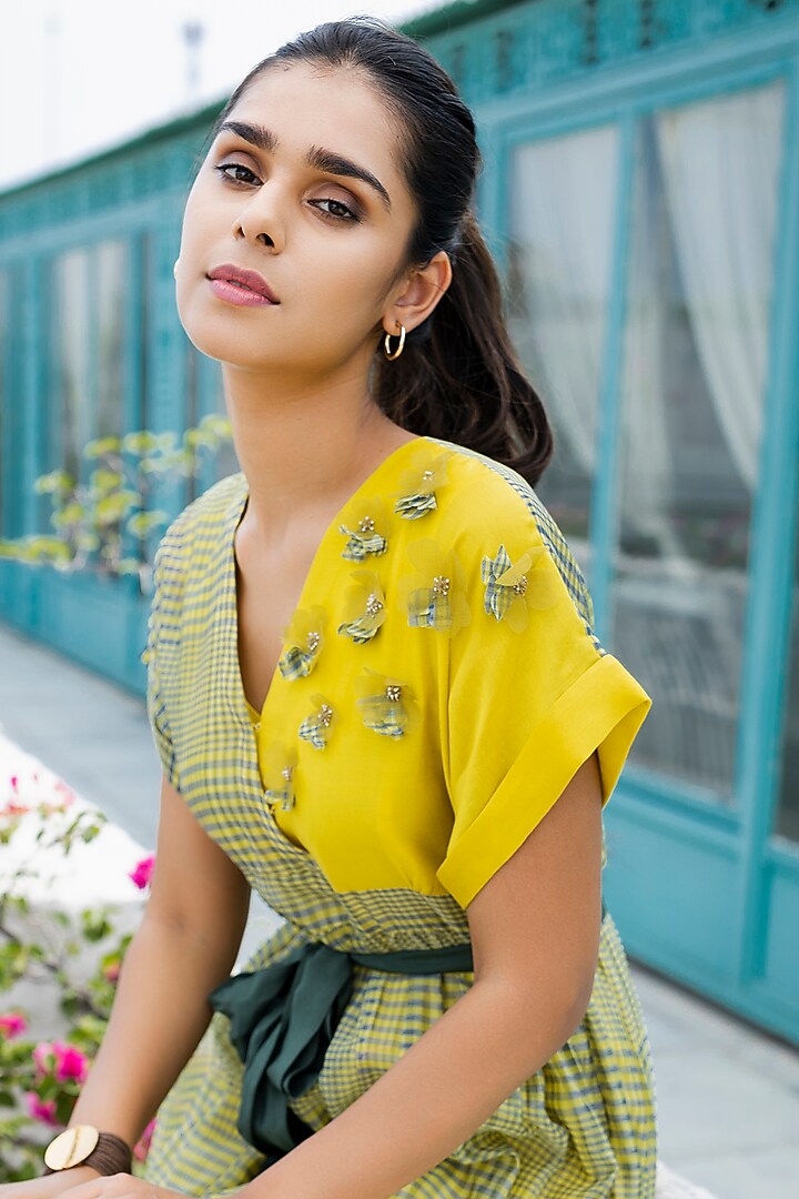 Green & Lime Yellow Embellished Summer Dress by NEETA BHARGAVA at Pernia's Pop Up Shop